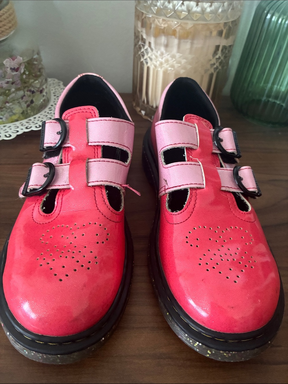 Dr. Martens Girls' Pink Double-Strap Heart-Perforated Mary Janes